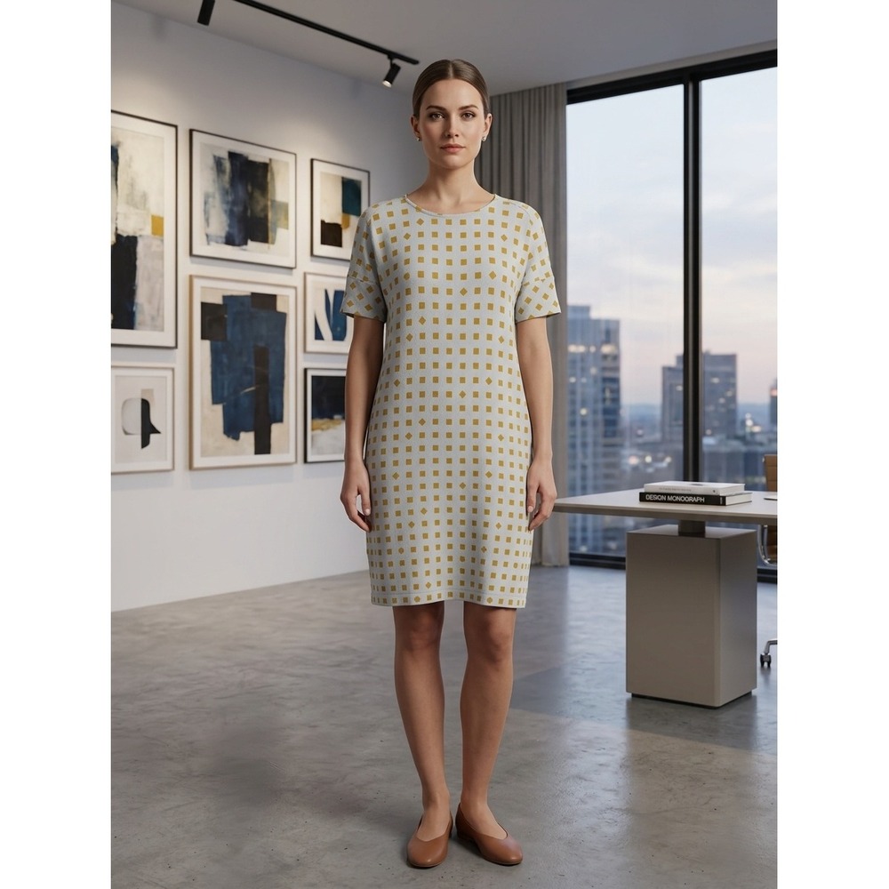 Elk Shift Dress Womens Sz Small Grey Yellow Geometric Print Short Sleeve Pockets